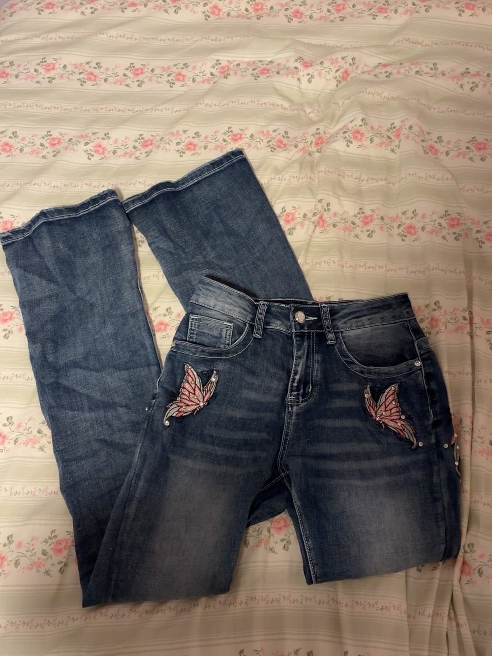Boot-Cut Dark Blue Denim Jeans with Pink Butterfly Embroidery